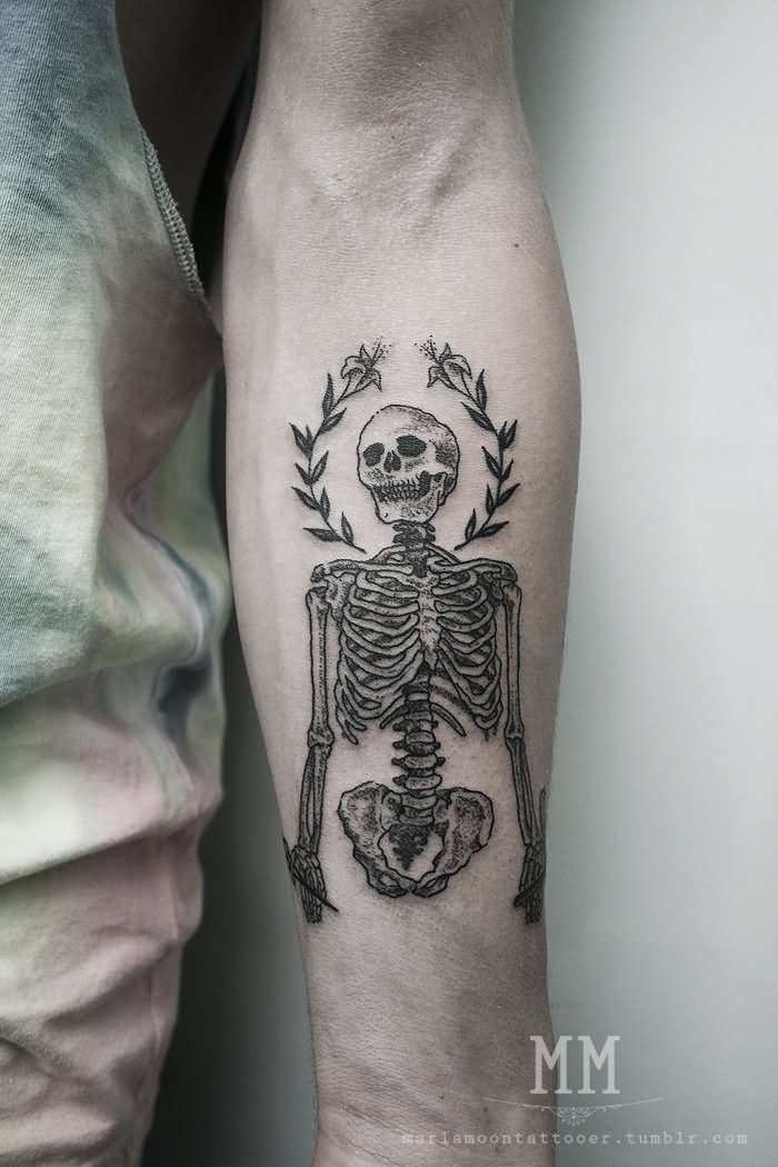 Black And Grey 3D Human Skeleton Tattoo On Forearm By Aisha