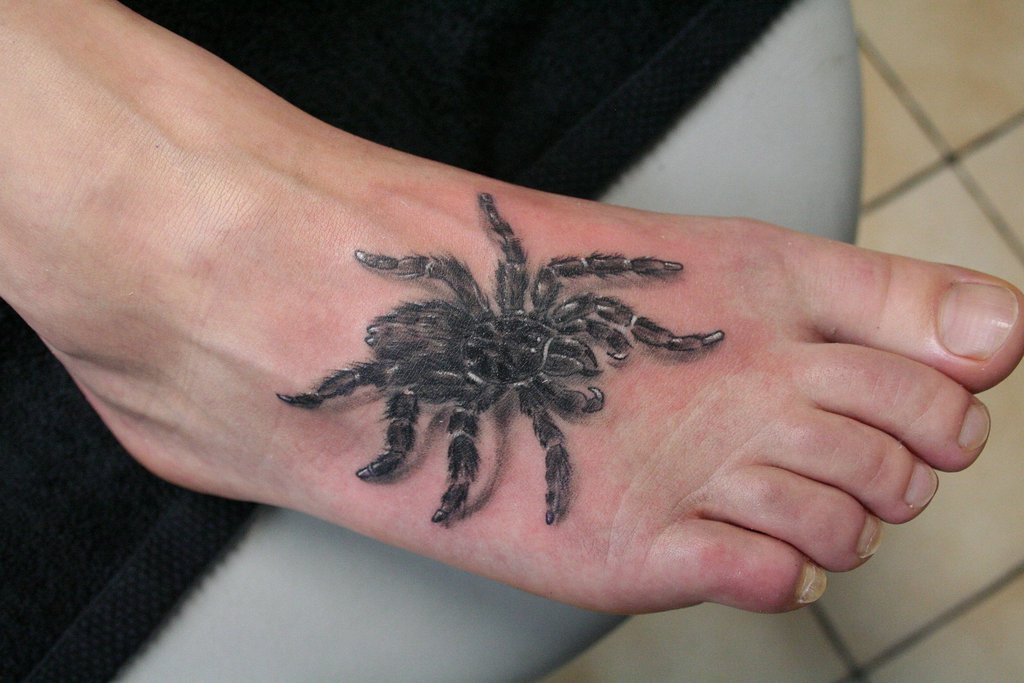 Black And Grey 3D Wolf Spider Tattoo On Foot