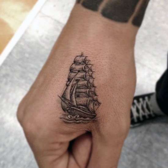 Black And Grey Boat Tattoo On Hand