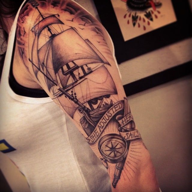 Black And Grey Boat With Banner Tattoo On Girl Half Sleeve