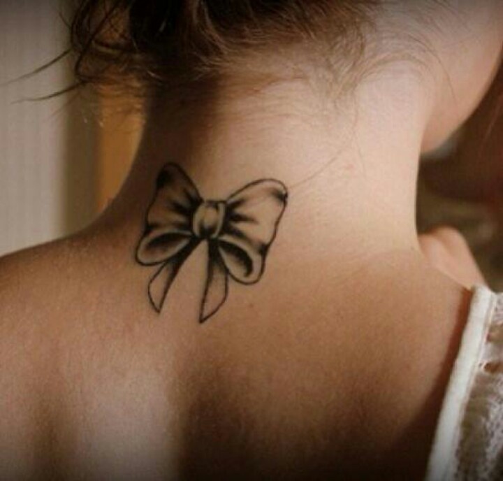 Black And Grey Bow Tattoo On Girl Back Neck