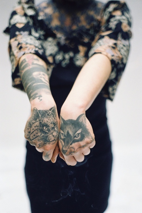 Black And Grey Cat And Fox Head Tattoo On Girl Both Hand