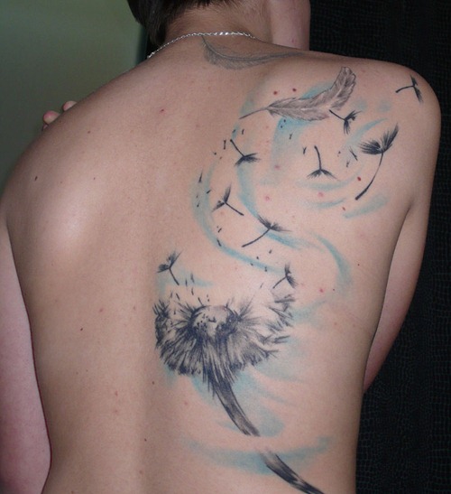 Black And Grey Dandelion Tattoo On Full Back