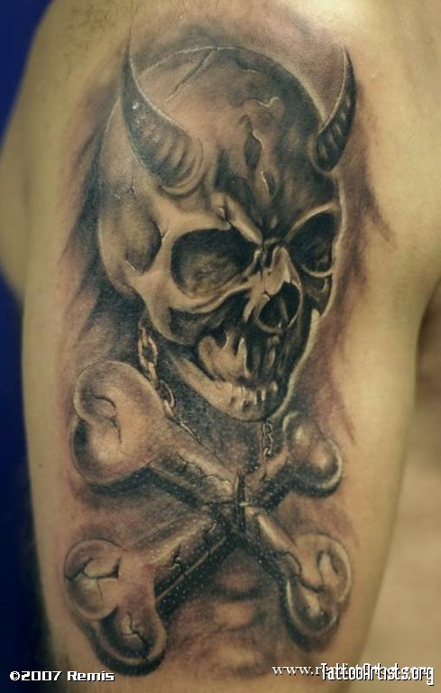 Black And Grey Demon Danger Skull Tattoo On Shoulder