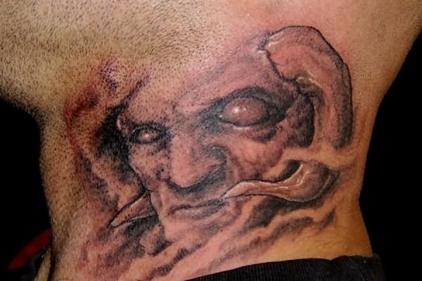 Black And Grey Demon Face Tattoo On Side Neck