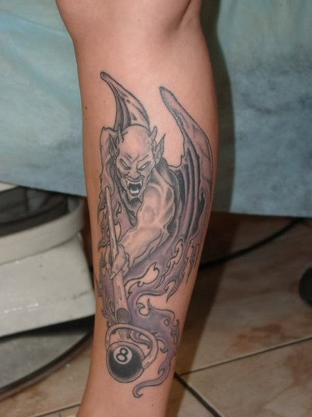 Black And Grey Demon Tattoo On Leg