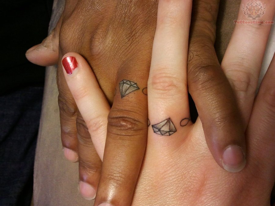 Black And Grey Diamond Ring Tattoo On Couple Finger