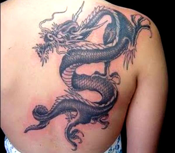 Black And Grey Dragon Painting Tattoo On Back