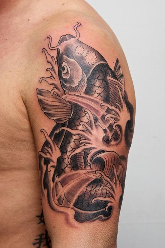 Black And Grey Fish Water Splash Tattoo On Shoulder By Heinz Graynd
