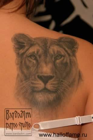 Black And Grey Lioness Head Tattoo On Girl Right Back Shoulder By George Bardadim