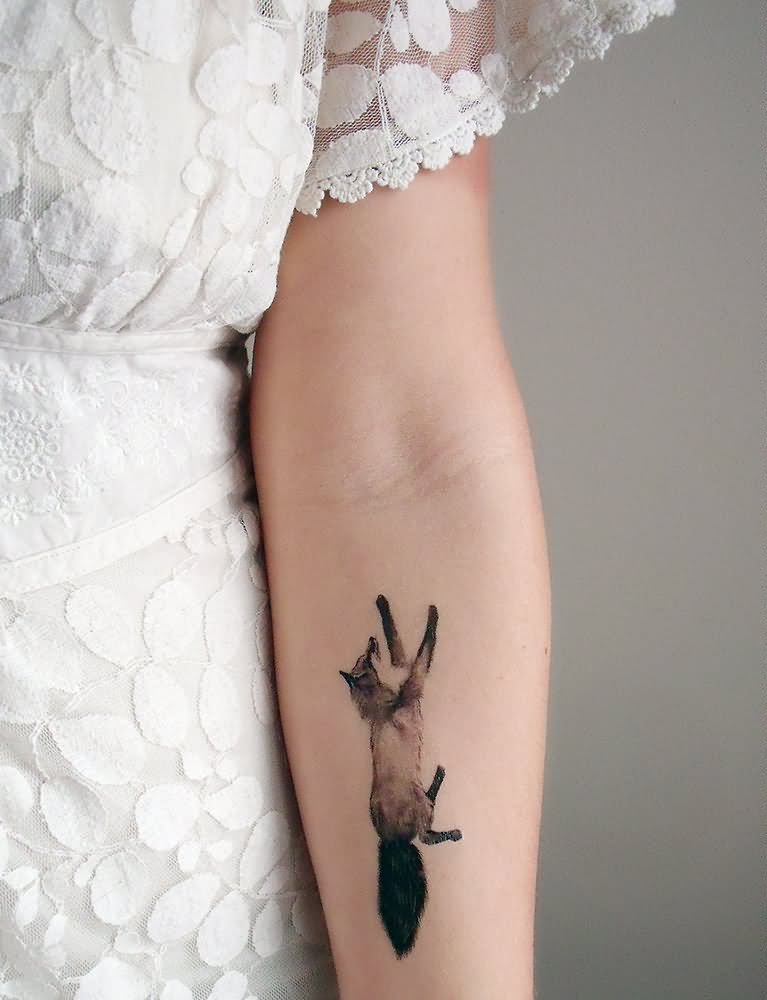 Black And Grey Little Fox Tattoo On Girl Forearm