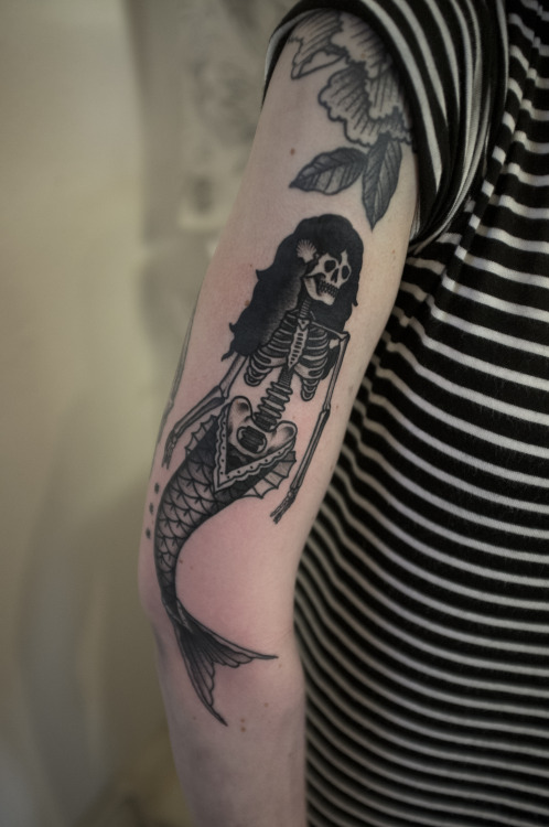 Black And Grey Mermaid Skeleton Tattoo On Full Sleeve By James Armstrong
