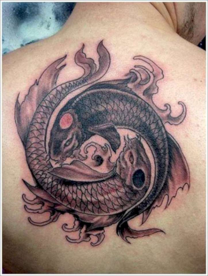 Black And Grey Pisces Fish Tattoo On Upper Back