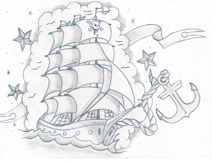 Black And Grey Pirate Ship With Stars Tattoo Design