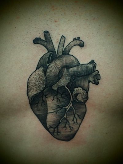 Black And Grey Real Heart Tattoo On Man Chest