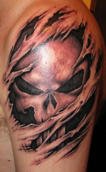 Black And Grey Ripped Skin 3D Skull Tattoo On Shoulder