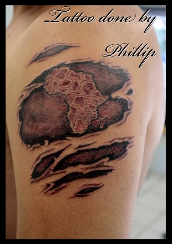 Black And Grey Ripped Skin African Map Tattoo On Man Left Shoulder By Phillip