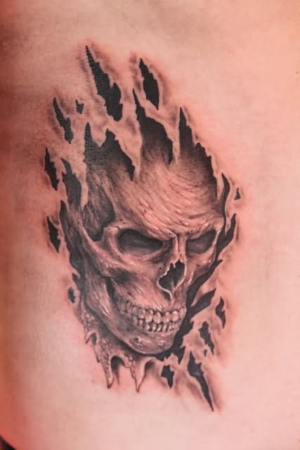 Black And Grey Ripped Skin Skull Tattoo Design By Mirek Vel Stotker