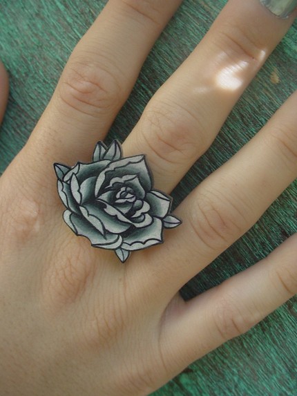 Black And Grey Rose Ring Tattoo On Finger