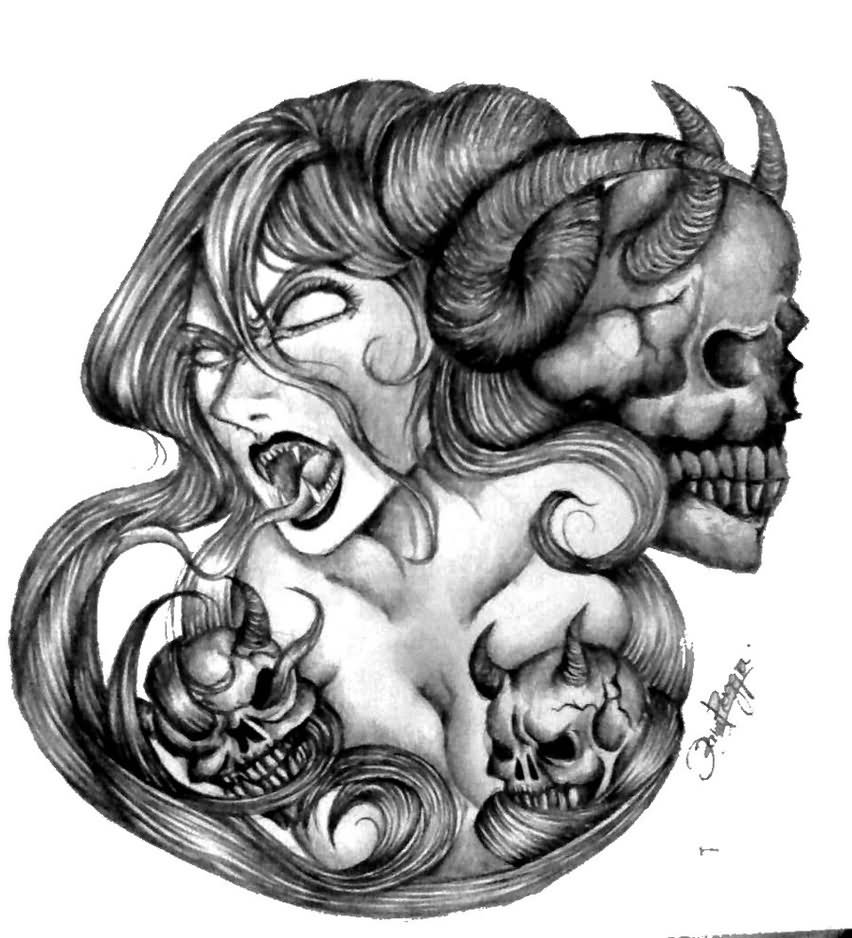 Black And Grey Scary Demon Girl With Three Skulls Tattoo Design By Snacker57