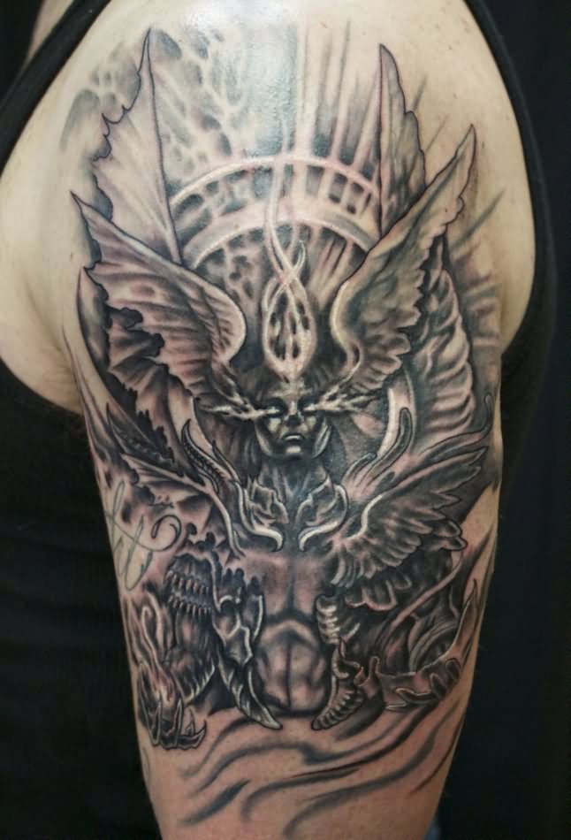 Black And Grey Scary Demon Tattoo On Shoulder By Sean Ambrose