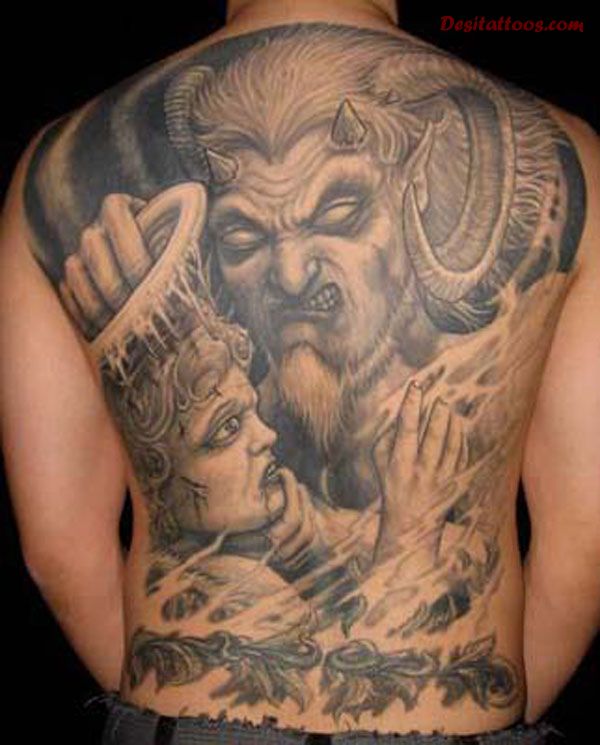 Black And Grey Scary Devil With Angel Tattoo On Man Full Back By Paul Booth