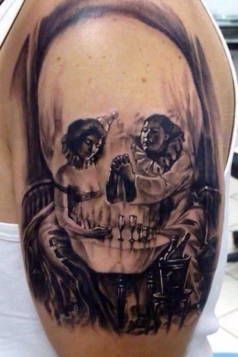 Black And Grey Scary Skull Tattoo On Shoulder