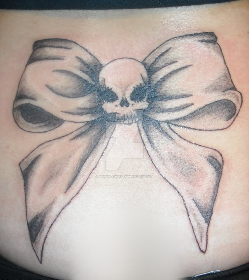Black And Grey Skull On Bow Tattoo Design By Pianosarana