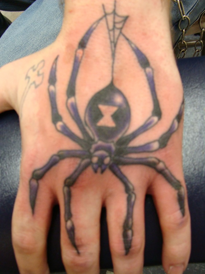 Black And Grey Widow Spider Tattoo On Hand