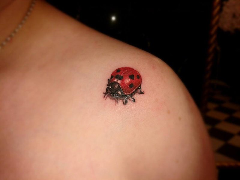 Black And Red 3D Ladybird Tattoo On Shoulder By Mel Van Hel