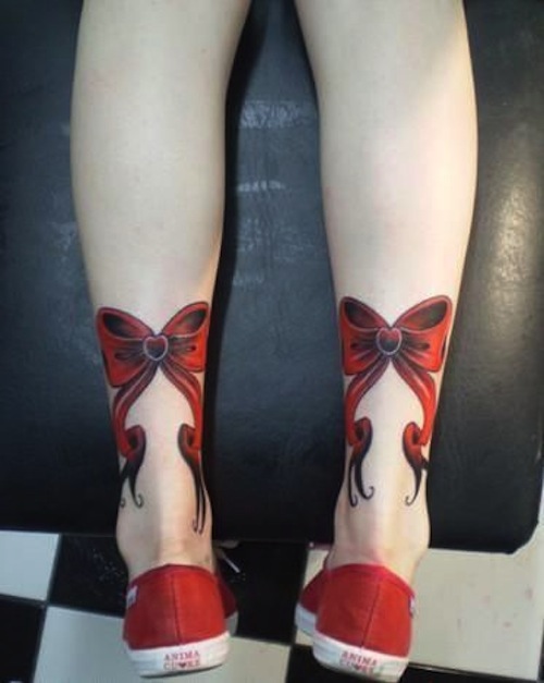 Black And Red 3D Tattoo On Both Leg Calf