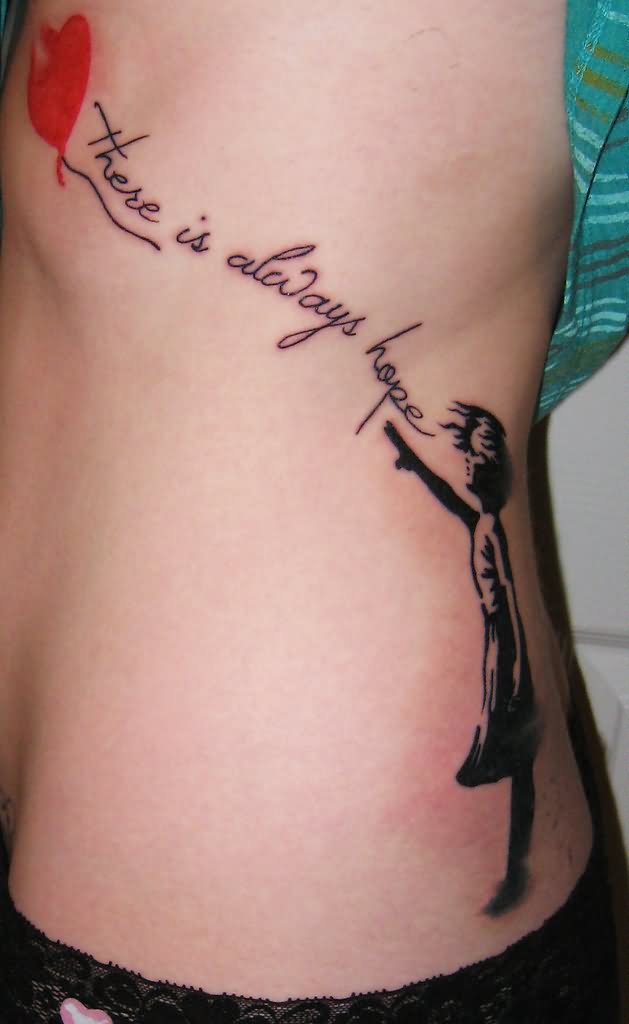 Black And Red Banksy Girl Tattoo On Side Rib