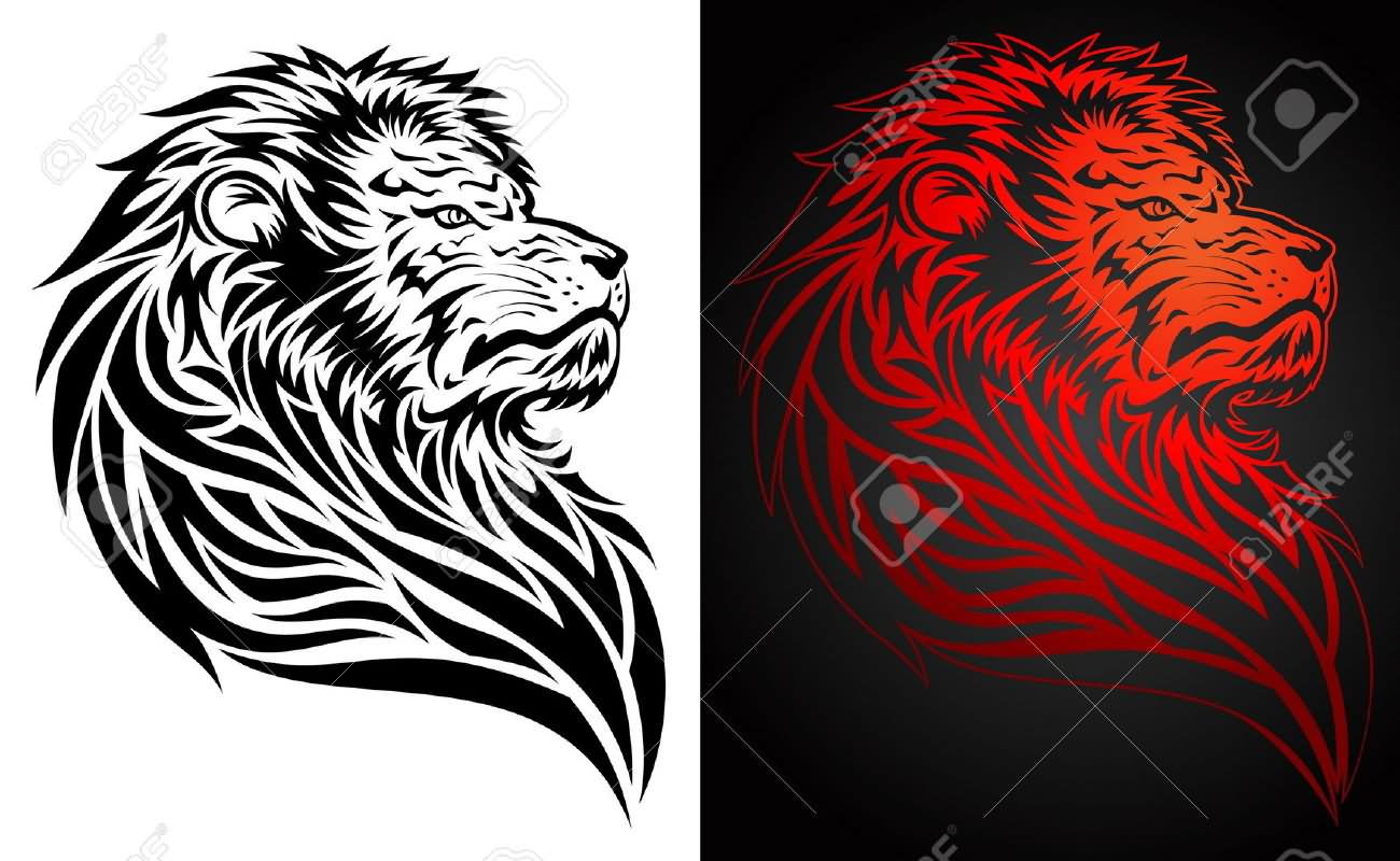 Black And Red Lioness Head Tattoo Stencil