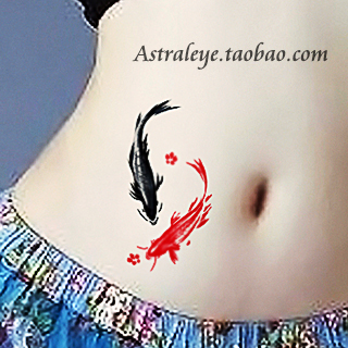 Black And Red Two Fishes Painting Tattoo On Girl Stomach By Maomao Creation