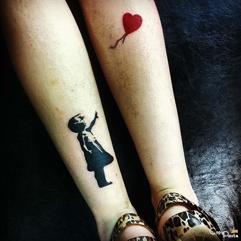 Black Banksy Girl With Red Heart Balloon Tattoo On Both Leg Calf