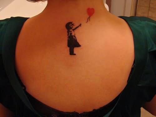 Black Banksy Girl With Red Heart Balloon Tattoo On Girl Upper Back