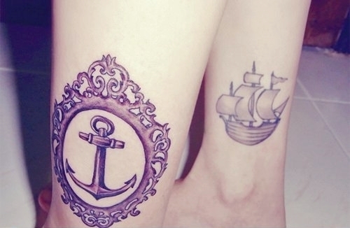 Black Boat With Anchor In Frame Tattoo On Both Leg