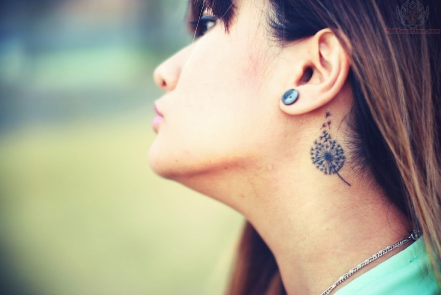 Black Dandelion Tattoo On Girl Behind The Ear
