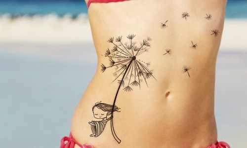 Black Dandelion Tattoo On Girl Stomach