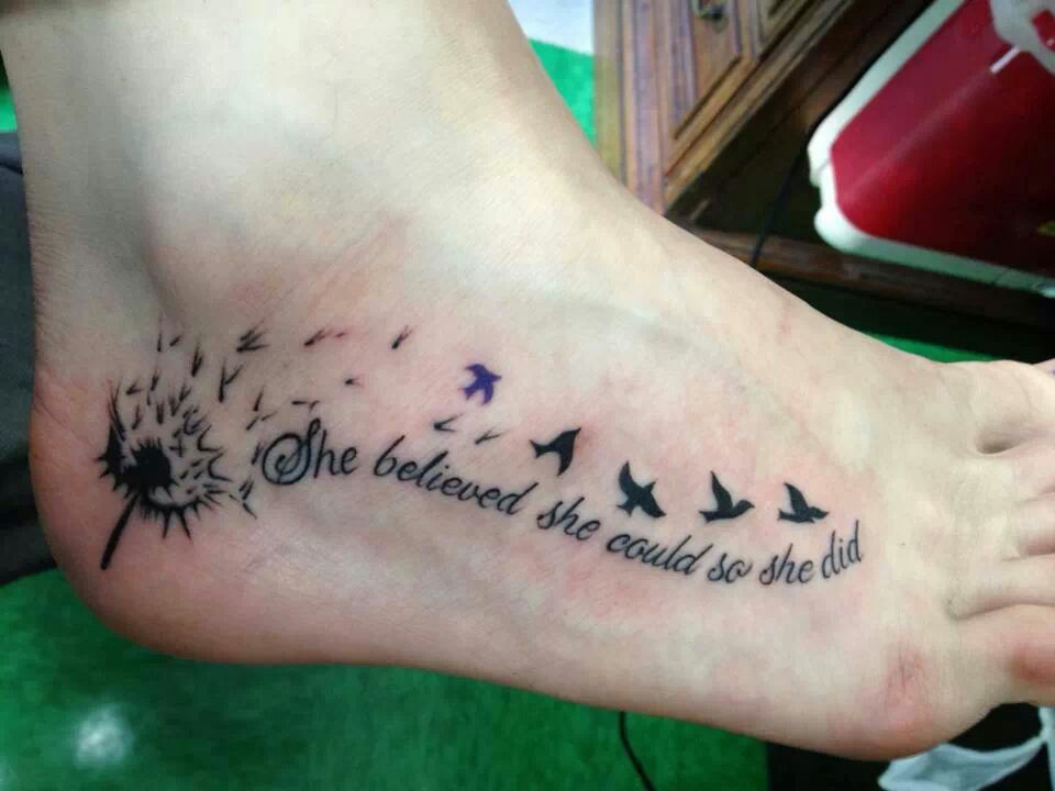 Black Dandelion Tattoo With Flying Birds Tattoo On Heel