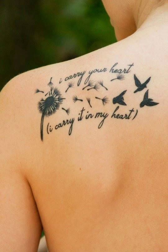 Black Dandelion With Birds And Message Tattoo On Left Back Shoulder