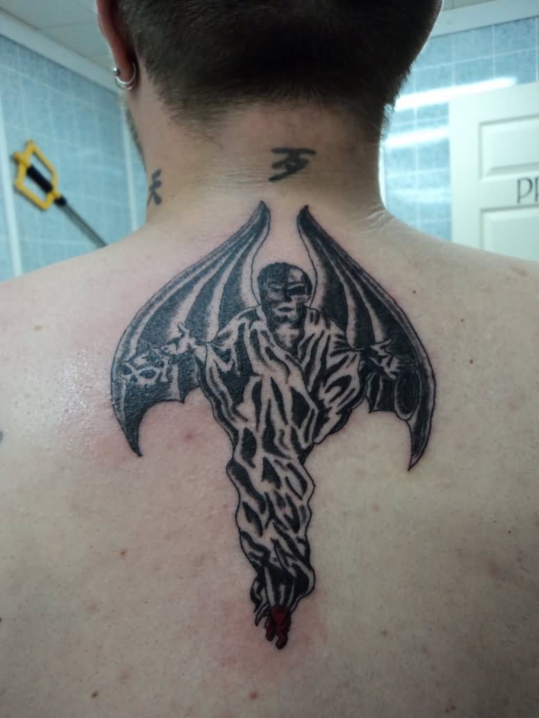 Black Demon Tattoo On Man Upper Back By Aka Calamity