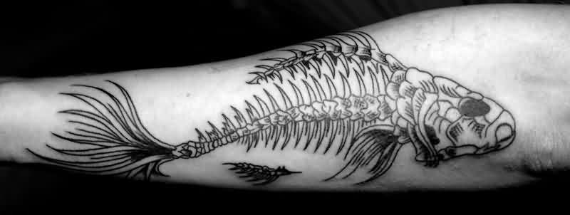 Black Fish Skeleton Tattoo On Forearm
