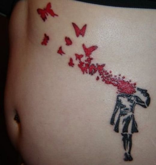 Black Gun On Banksy Girl Hand With Red Butterflies Tattoo On Stomach