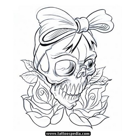 Black Human Head Skeleton With Bow And Roses Tattoo Stencil