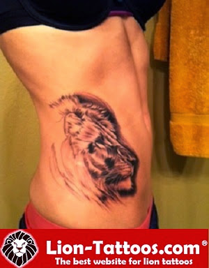 Black Lioness Face Tattoo On Side Rib