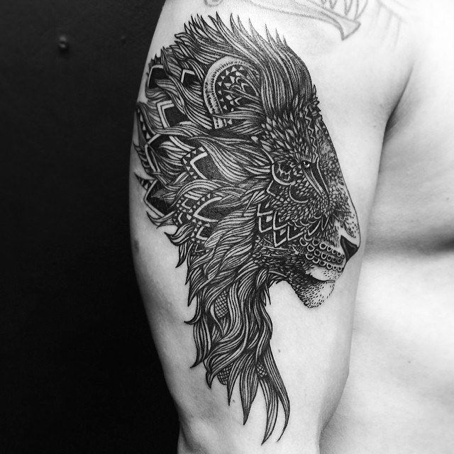 Black Mandala Lioness Head Tattoo On Half Sleeve