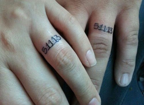 Black Memorial Ring Tattoo On Couple Finger