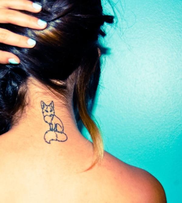 Black Outline Fox Tattoo On Girl Back Neck by Lenneth