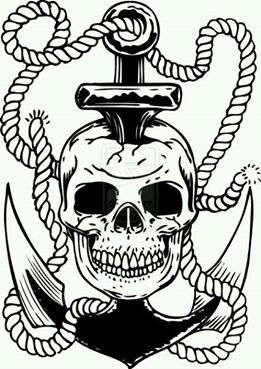 Black Pirate Skull In Anchor Tattoo Stencil